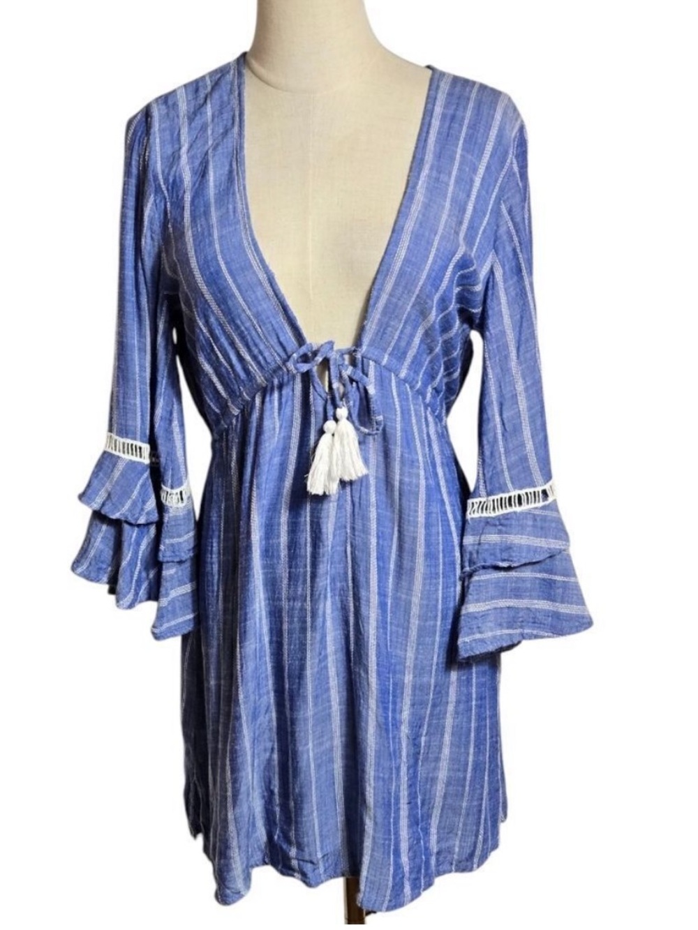 Spiaggia Dolce  bell sleeve boho Striped V-Neck Tunic Dress